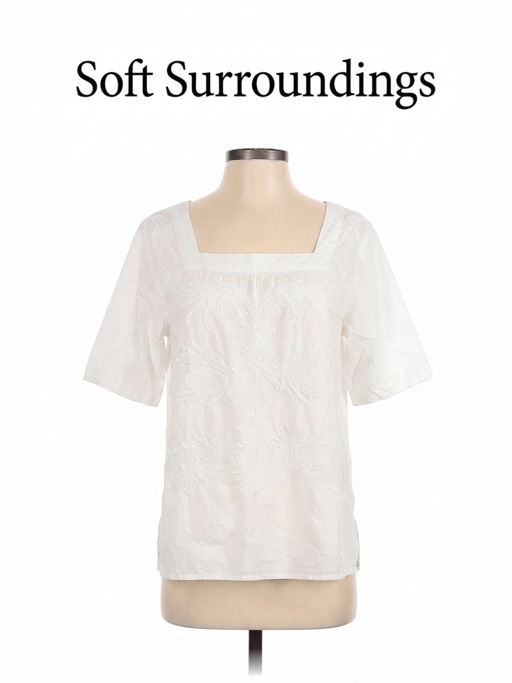 Soft Surroundings White Square Neck Embroidered Short Sleeve Top Size L